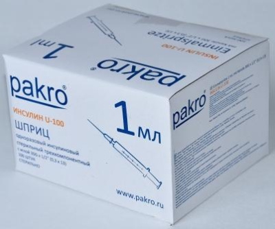 1 мл трехкомпонентный шприц Pakro инсулиновый U100 , с иглой 0,3х13, 100 шт купить оптом в Курске